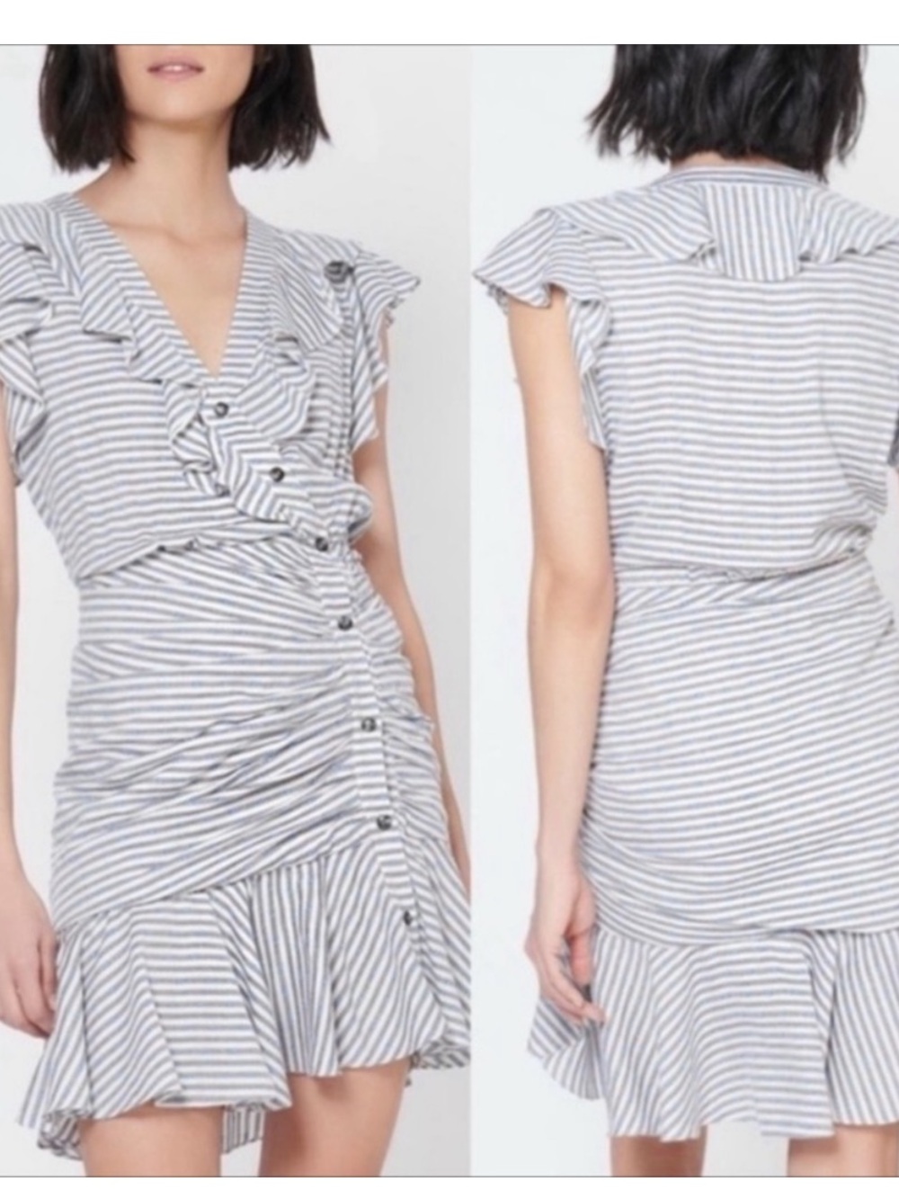 Veronica Beard Kai Striped Ruffle Button-Front Mini Dress in Blue & White